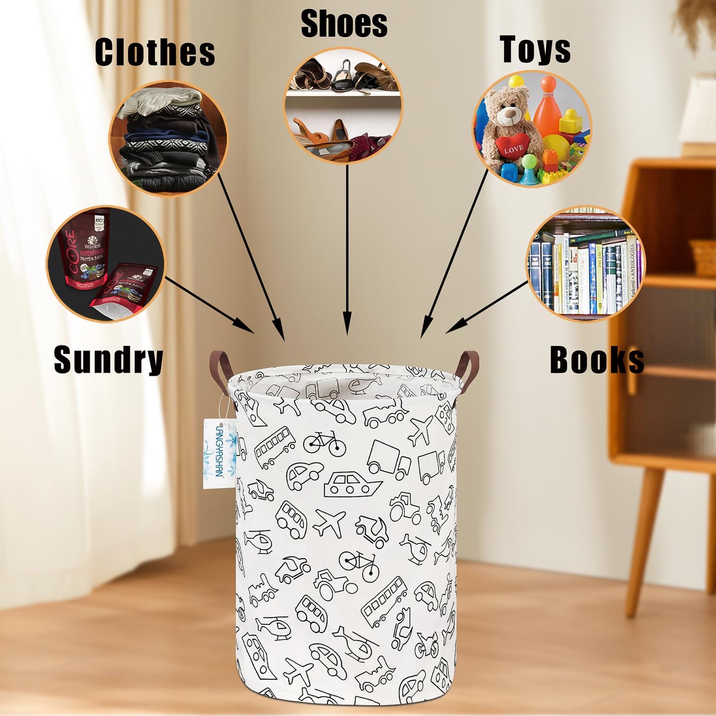 LANGYASHAN Laundry Hamper Collapsible Kids Storage Basket Waterproof Fabric Toy Clothes Organizer Bin for Children Bedroom Bathroom (Vehicle)