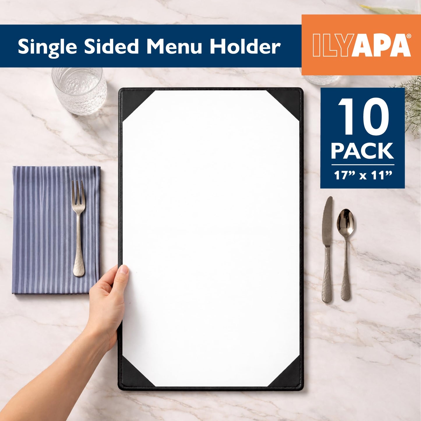 Ilyapa 10 Pack Restaurant Menu Covers 11 x 17 - Vinyl Leather Menu Holder, Single Sided Book with Corner Sleeves for Display of Wedding Menus, Weekly Kitchen Specials & Bar Drinks for Table Top