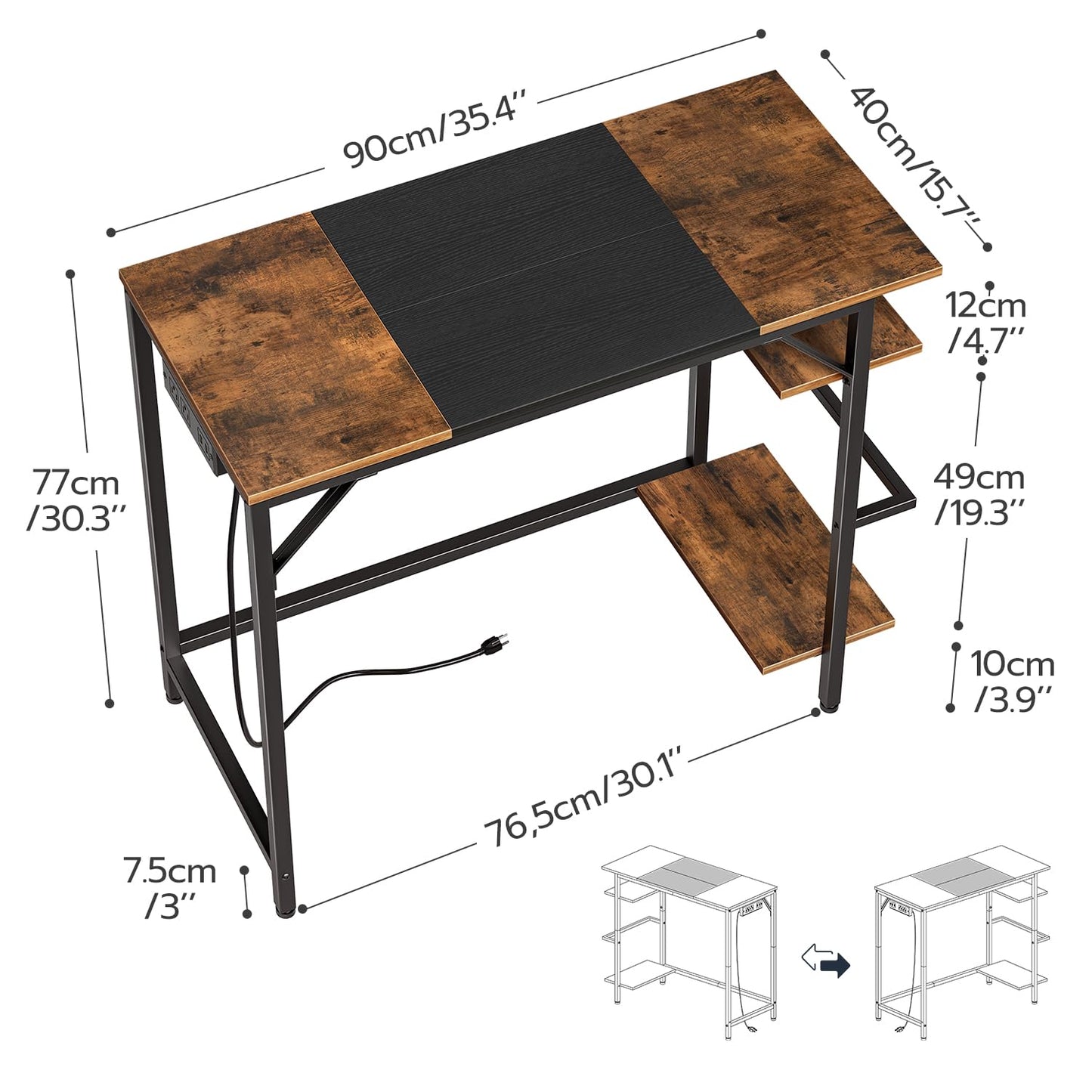 HOOBRO Computer Desk, Home Office Desk with Power Outlet, Writing Desk with 2 Shelves, Modern Small Desk for Home Office, Study, Easy to Assemble, Rustic Brown and Black BF43UDN01