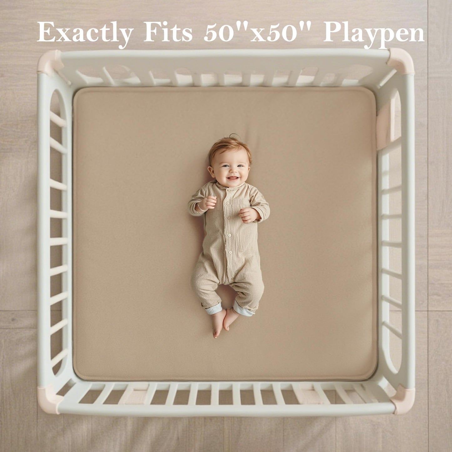 PapaMama 1.3" Thick Plush Baby Crawling Mat, 50x50 Playpen Mat, Ultra Soft Foam Play Mats for Baby, Water-Repellent Coral Velvet for Tummy Time, Nursery Rug with Non-Slip Backing, Non Toxic Suitable Toddlers（Beige）