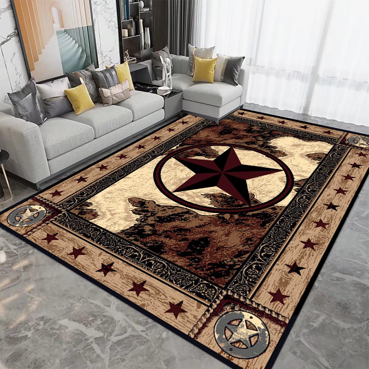 Brown Rustic Western Texas Star Modern Area Rug Primitive Carpet Farmhouse Rug Cowhide Runner Rug Non-Slipping Doormat for Hallway Kitchen Living Room Bedroom Laundry Room Entryway 5' x 7'