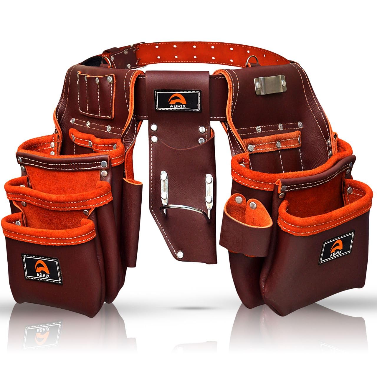 ABRIX Heavy Duty Tool Belt for Men – 4MM Thick Genuine Leather, Brass Buckle & Rivets | Foam Padded Comfort | 28-Pocket Carpenter & Framing Rig with Suspender | Work Belt Fit upto 32" to 52"