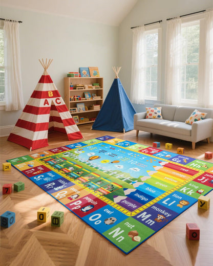 Unirea 4x6 Kids Rug for Playroom Bedroom Living Room, Washable Educational Play Mat with ABC Alphabet, Numbers, Animals for Classroom, Nursery, Colorful Learning Carpet for Toddlers, Rainbow