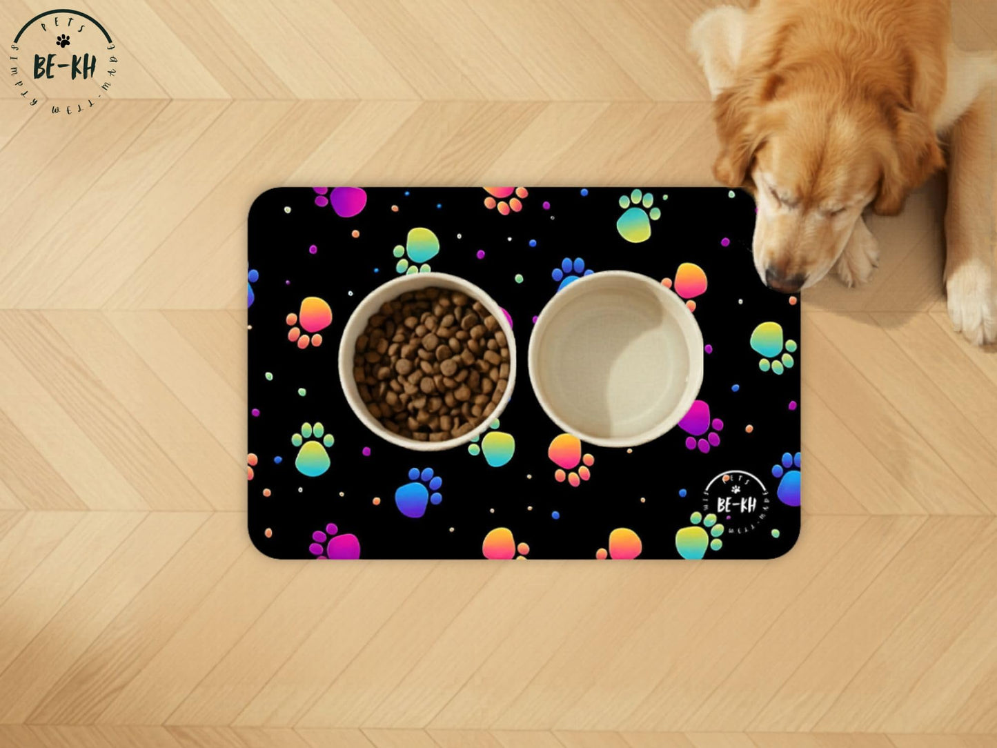 BE-KH Absorbent Pet Feeding Mat for Dogs & Cats, Quick Dry Dog Bowl Mat for Food and Water, Ultra-Thin, Non-Slip Rubber & Polyester, Waterproof & Machine Washable, Classic Paws, 24x16 in (60x40 cm)