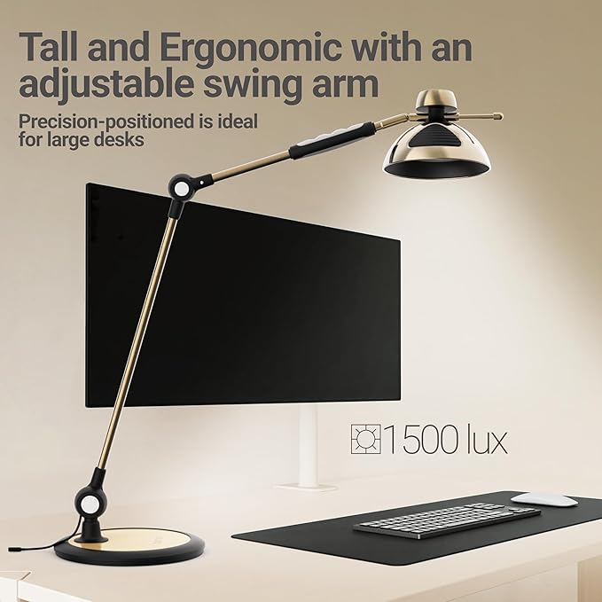 OTUS Brass Desk Lamp for Home Office | Gesture On/Off & Touch Control | Warm Dimmable Eye-Care LED Light 1500 Lux | Adjustable Swing Arm Metal Lamp for Work, Study & Decor