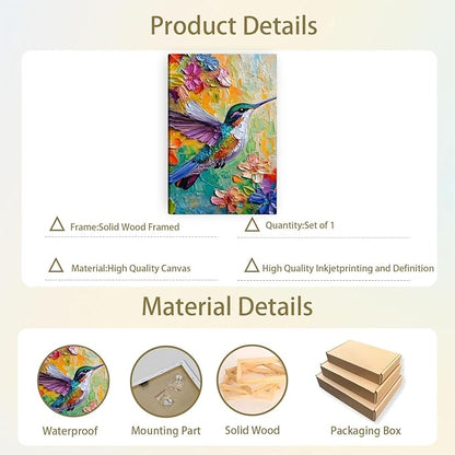2D No Texture Colorful Painting Hummingbird Canvas Wall Art, Spring Flower Wall Decor, Hummingbird Picture for Wall Living Room Bathroom Bedroom Home Decoration 12*18 in (Stretched Canvas on A Wooden Frame)