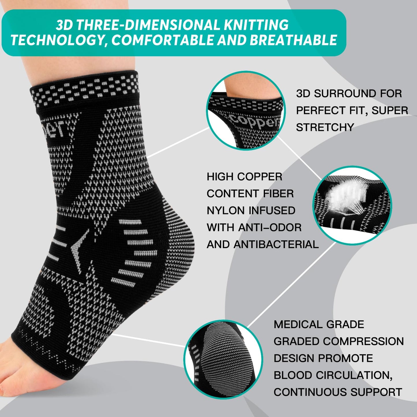 INDEEMAX Ankle Brace for Women & Men, Ankle Compression Sleeve Support Copper Infused Ankle Brace for Sprained Ankle, Plantar Fasciitis Sports, Achilles Tendonitis Pain Relief, Silver Black, M