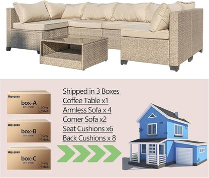 Patio Furniture Set 7-Piece, All-Weather Outdoor Conversation Set Sectional Sofa with Water Resistant Grey Thick Cushions and Coffee Table（Khaki）