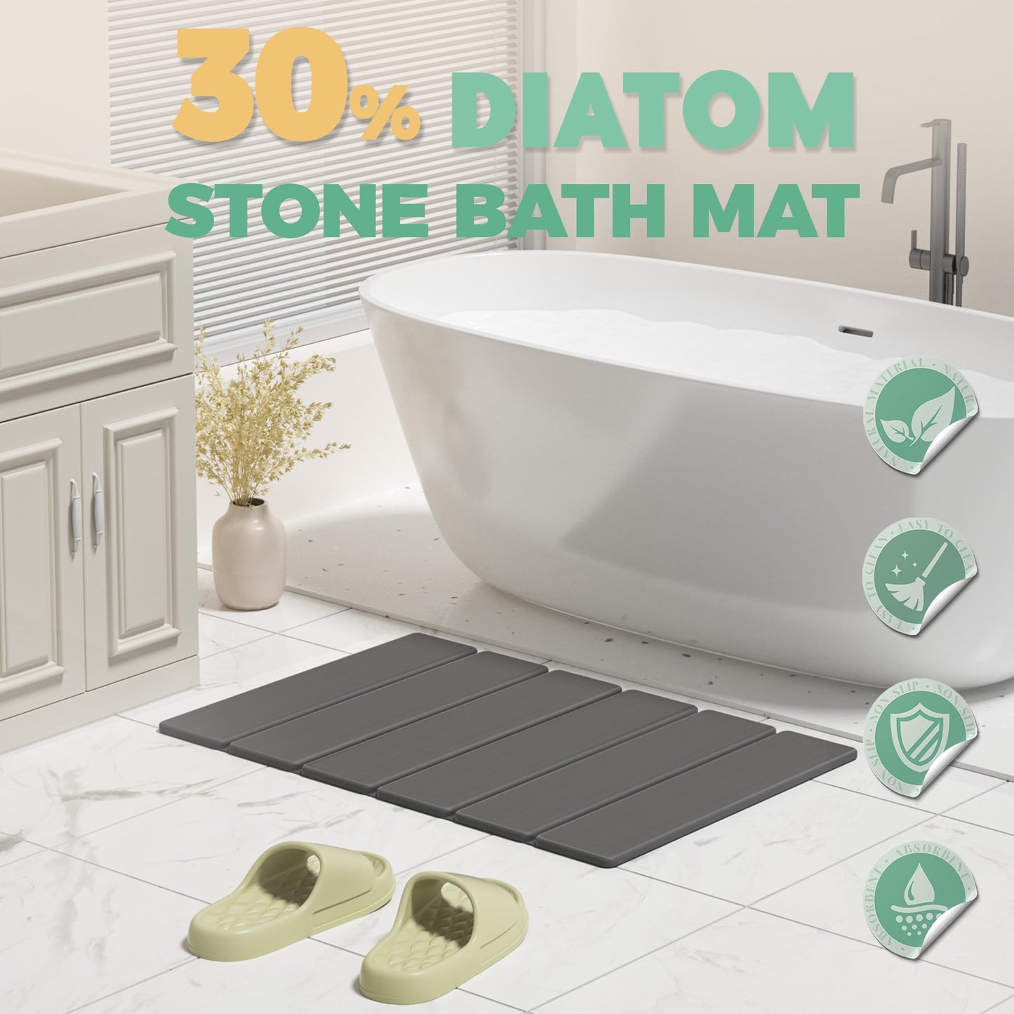 SYIPO Stone Bath Mat - Non-Slip Foldable Diatomite Bath Mat 23.6 x 15.3”, Super Absorbent & Quick Drying Bathroom Mat | Easy to Clean Shower Floor Mat, Dark Gray
