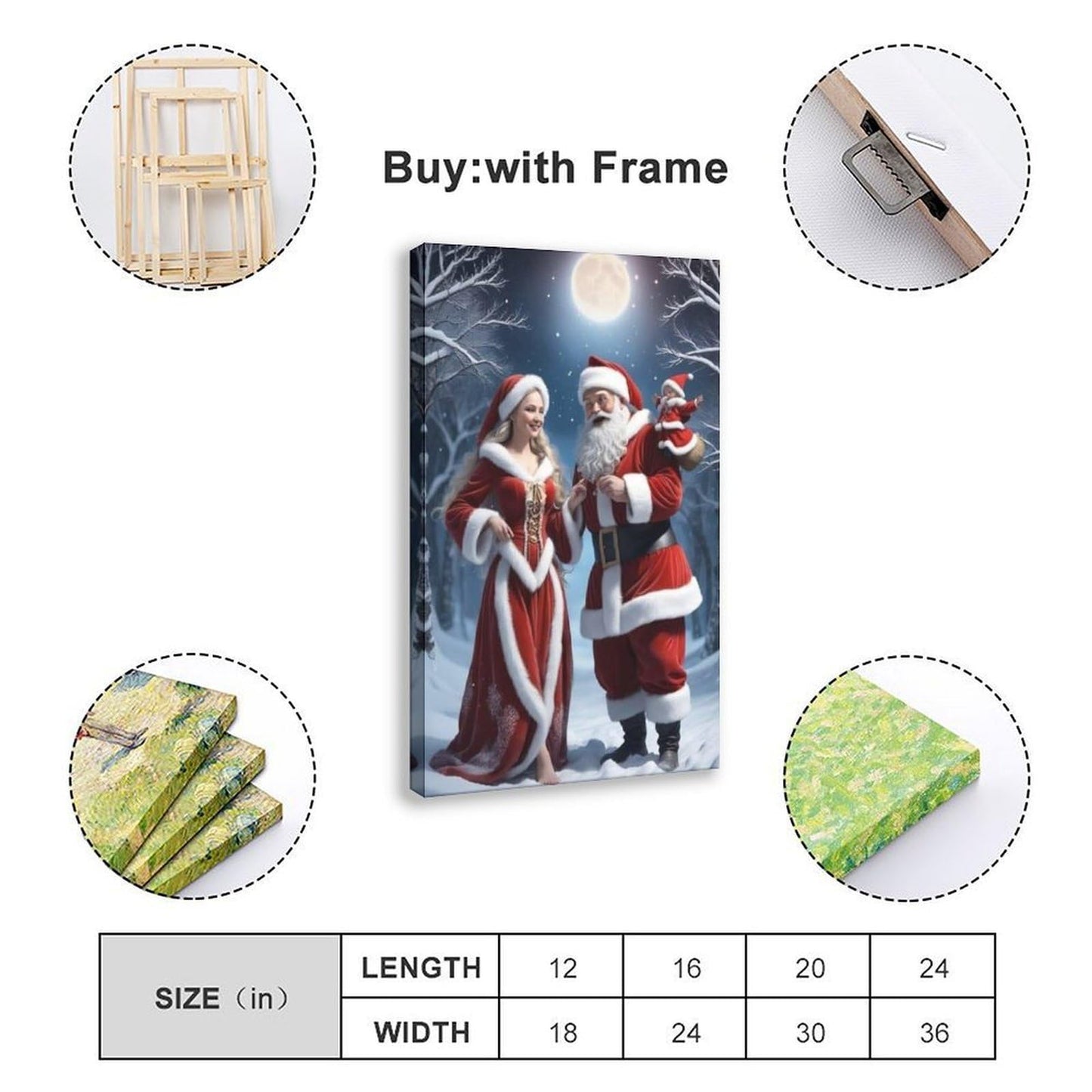 Santa Claus Family Figurine Set Christmas Decorations Including Mrs. Santa Claus Poster Wall Art Decor Print Picture Paintings for Living Room Bedroom Decoration Frame 24x36inch