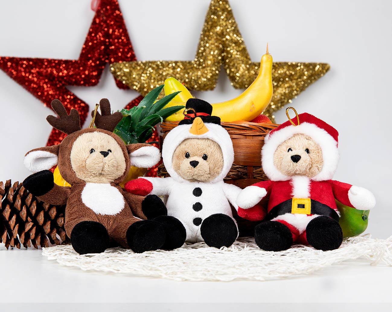 My OLi Christmas Teddy Bears Stuffed Animal 7in Plush Bears with Flippable Hats Pack of 3 : Santa, Reindeer and Snowman Soft Toys for Kids Boys Girls Hanging Decorations for Christmas Trees