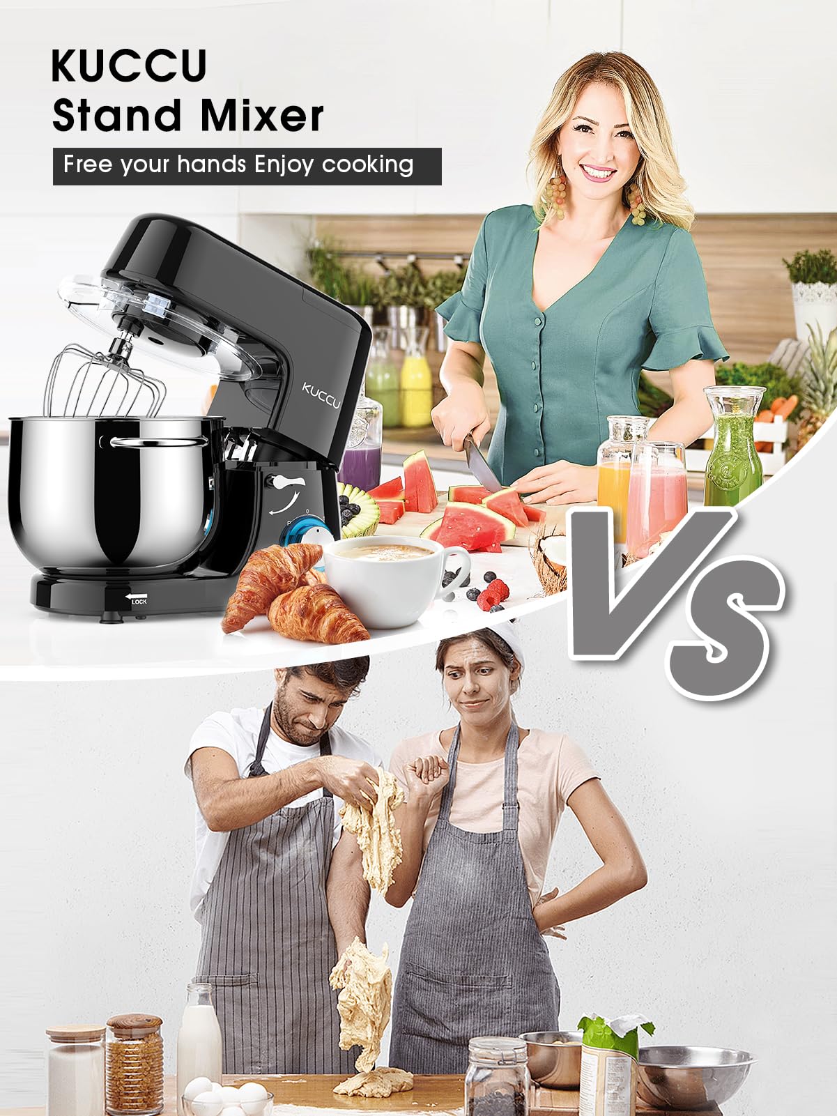 9.5 QT Double Handle KUCCU Stand Mixer, 6 Speed with Pulse Electric Kitchen Mixer, 660W Tilt-Head Food Mixer with Dishwasher-Safe Dough Hook, Flat Beater, Whisk, Splash Guard for home baking (Silver)