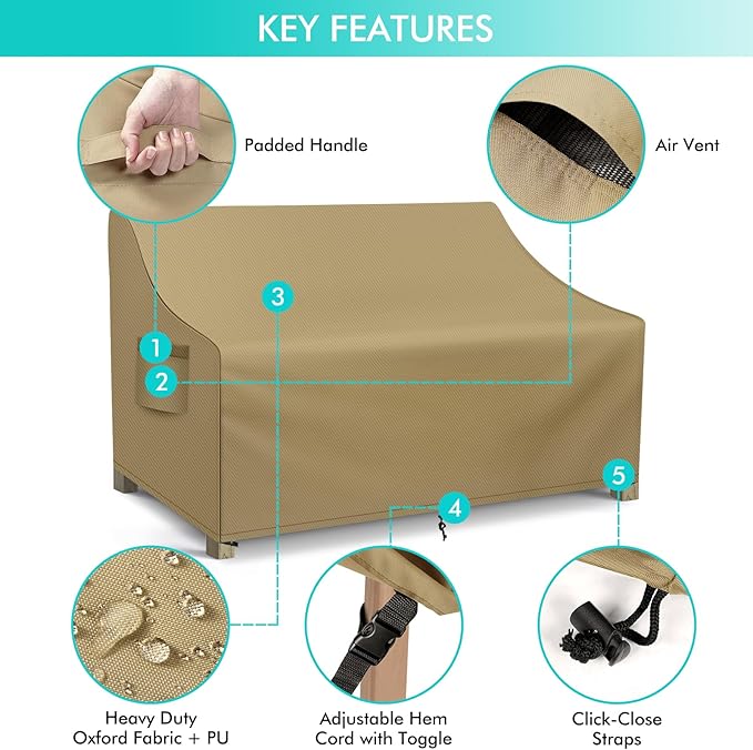 WLEAFJ Patio Sofa Cover Waterproof, 2-Seater Patio Loveseat Cover, Heavy Duty Outdoor Couch Cover, Outdoor Furniture Covers with Air Vent, 60’’ W x 34’’ D x 30’’ H, Khaki