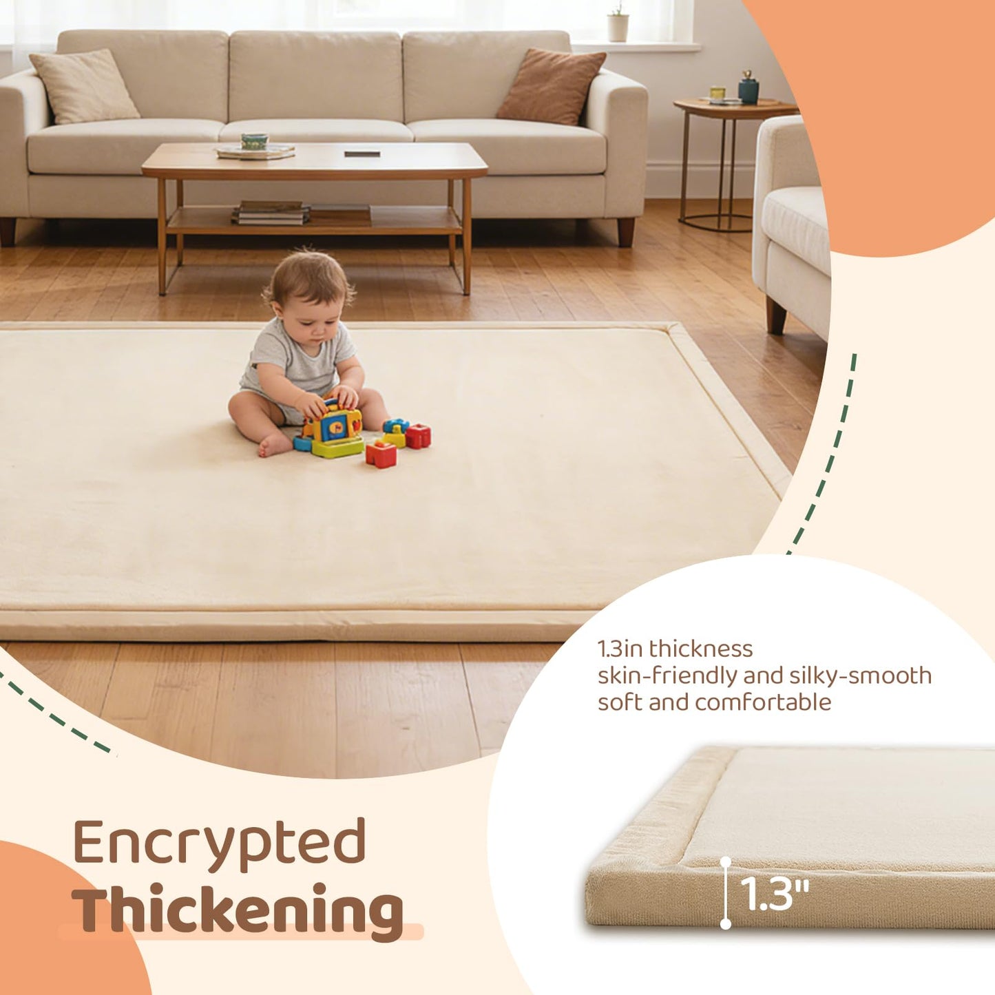 TreeBud Baby Play Mat for Floor, 1.3 Inch Thick Memory Foam Tummy Time Mat with Non Slip Backing, Soft Coral Velvet 50×50 Inch Playpen Mat Crawling Tatami for Infants Toddlers Kids, Beige