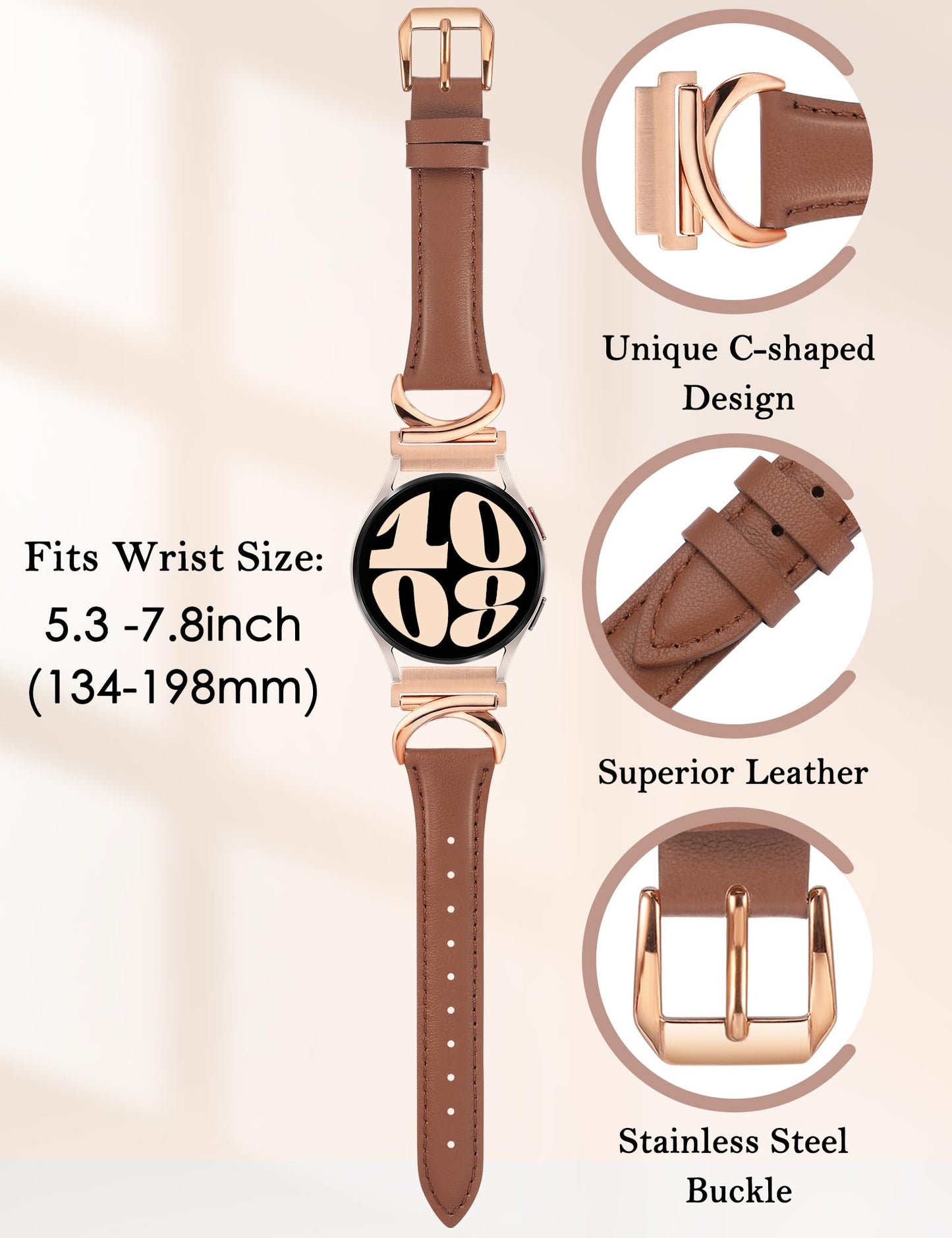 Minyee Leather Bands Compatible with Samsung Galaxy Watch 7/6/5/4/FE/Active 2 40mm 44mm/Watch 6 Classic 43mm 47mm/Watch 5 Pro 45mm Band, 20mm Slim Dressy Leather Strap with C-Shape Metal Buckle Women