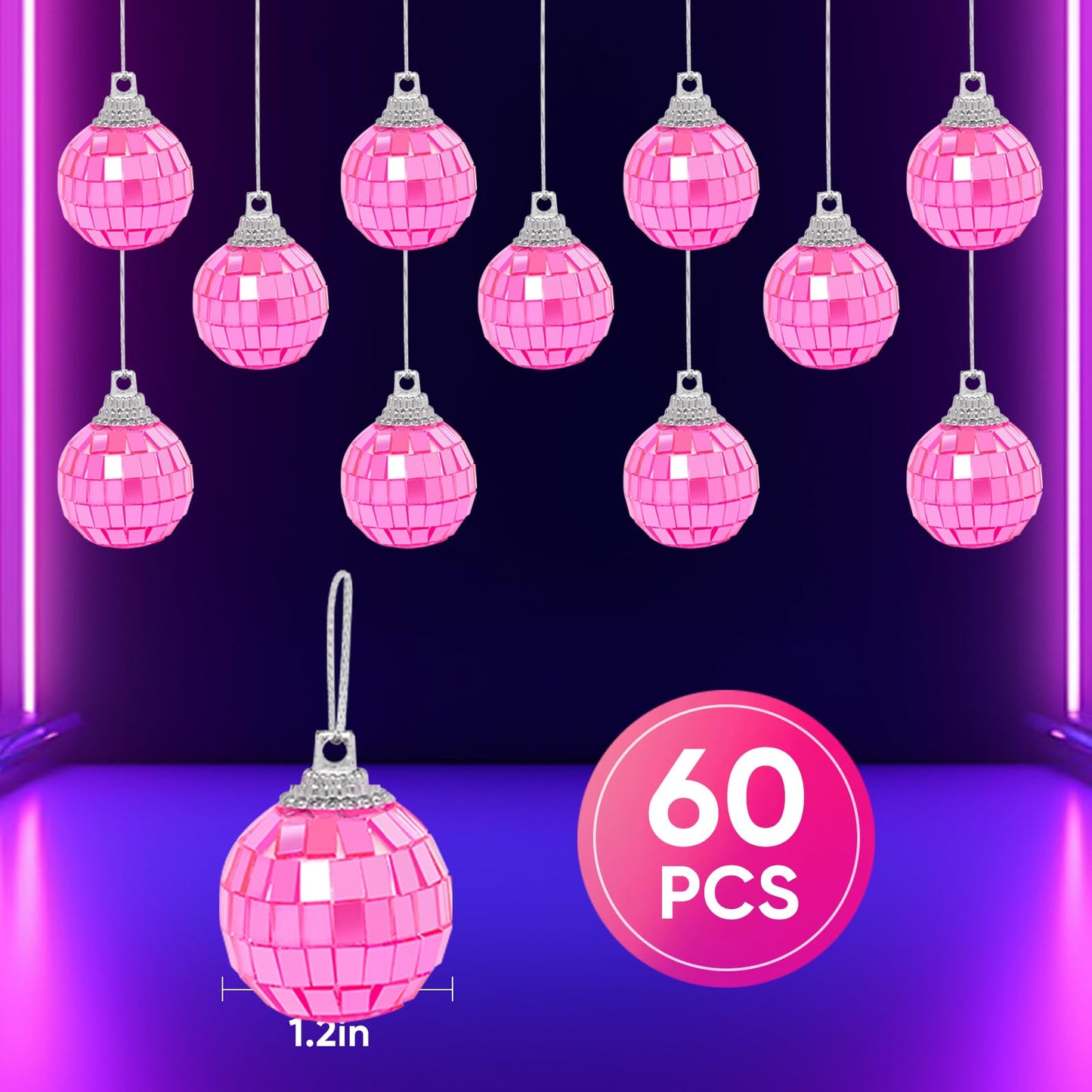 Mini Pink Disco Ball Ornaments: 60 Pack Small Disco Balls Pink Disco Party Decorations for Christmas Tree Cake Room Cake Room Birthday