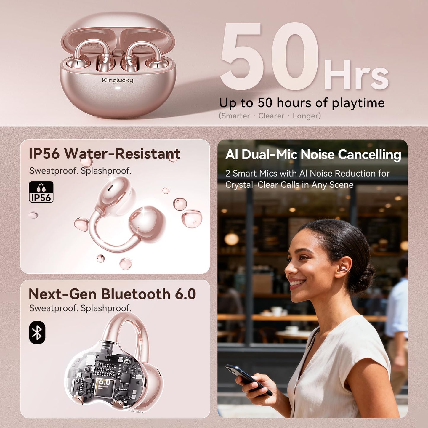 Kinglucky Upgraded Clip-On Earbuds Comfortable fit & Crystal-Clear Sound, 50H Playtime Open Ear Buds Bluetooth 6.0 Wireless Headphones for Women & Kids Ideal for Small Ears,Sports,Glasses Rose Gold