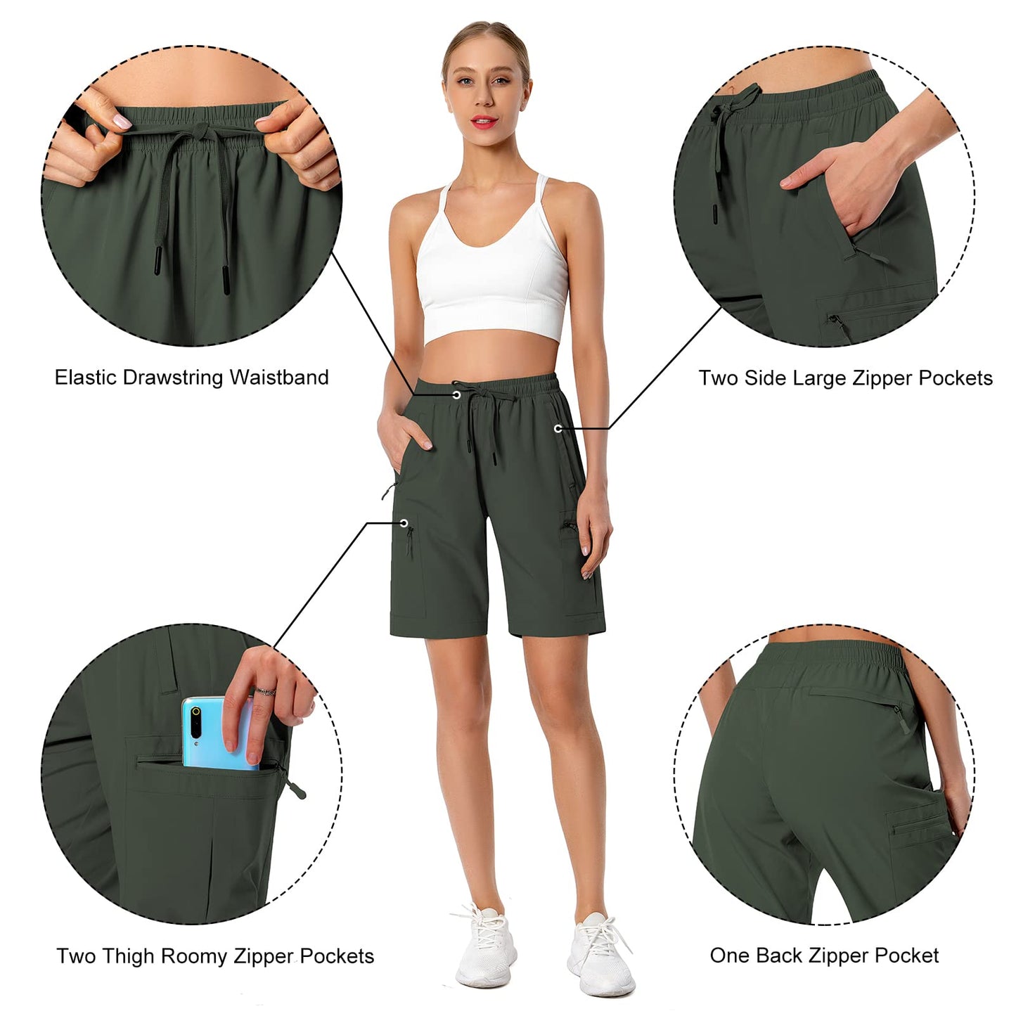Hugut Women's Lightweight Hiking Cargo Shorts Quick Dry Athletic Shorts Camping Travel Golf Zipper Pockets Water Resistant Army Green