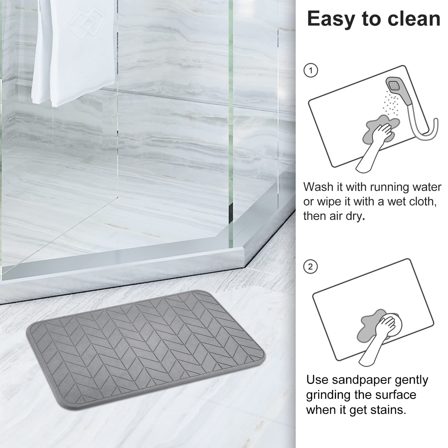 JUERLEN 2 Pack Diatomaceous Earth Shower Mat, Stone Bath Mat, Nonslip Super Absorbent Fast-Drying Hard Bath Mat for Bathroom Shower Floor, 24 x 16 inch, Grey Arrow Design