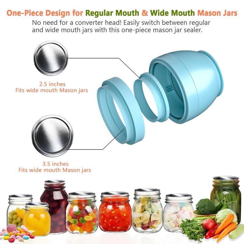 Zivif Electric Mason Jar Vacuum Sealer, Rechargeable Vacuum Sealing Kit for Wide & Regular Mouth Mason Jars, Automatic Jar Sealer for Canning and Food Storage, Includes Lids & Accessories, Blue
