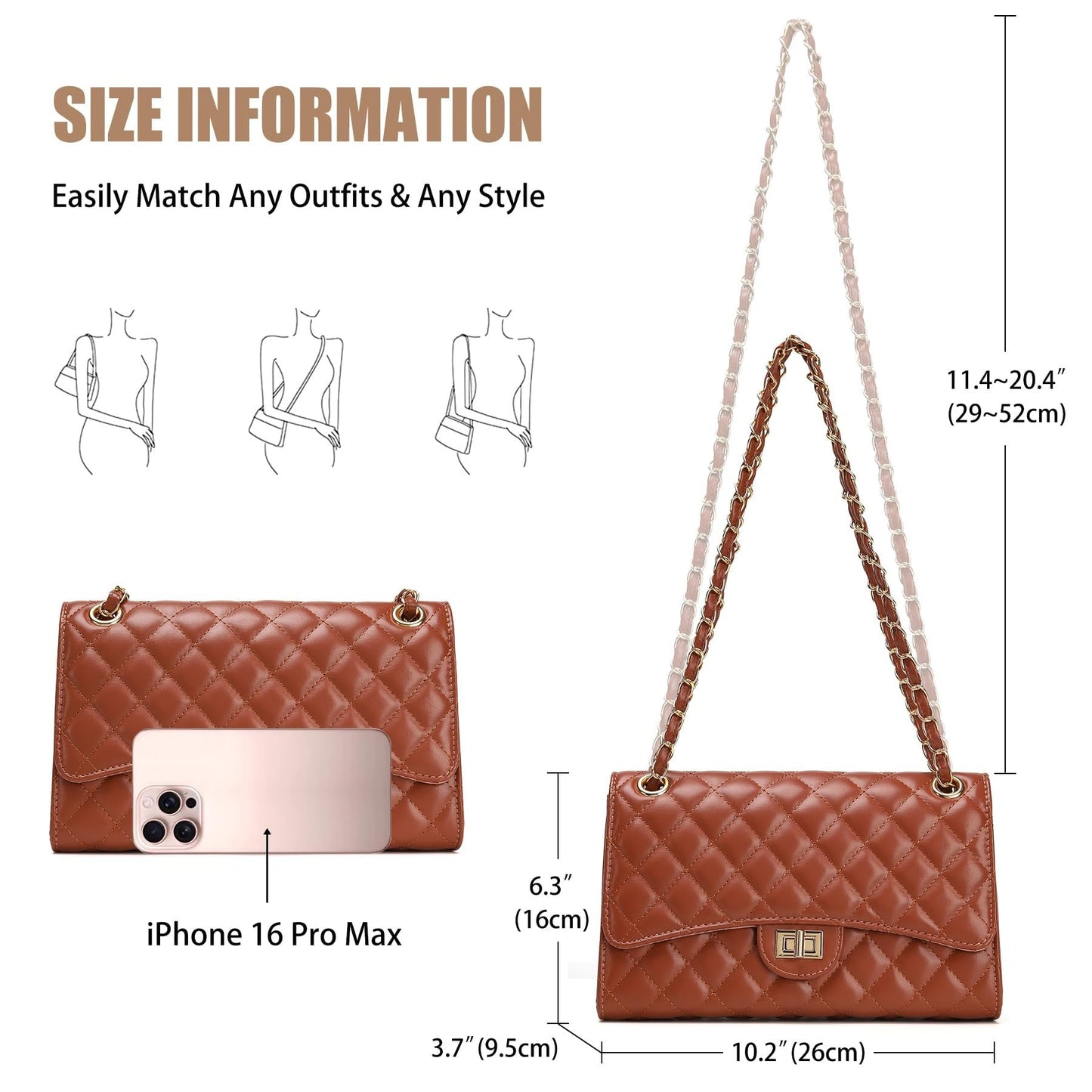 Quilted Crossbody Purse for Women Trendy Ladies Shoulder Bag with Chain Strap PU Leather Cross Body Bags Satchel HandBag,Caramel Brown