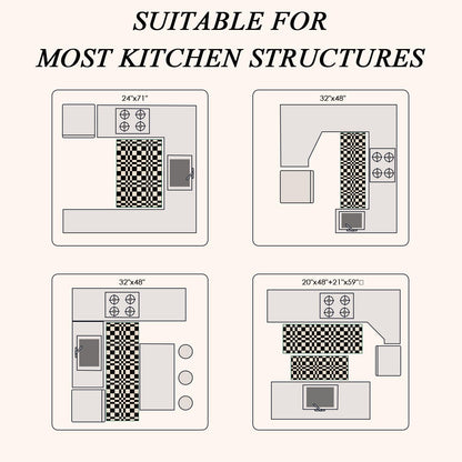 hicorfe Checkered Grid Checkerboard Kitchen Rugs,Set of 2 Non Slip Kitchen Mats for Floor,Washable Kitchen Runner Rugs Carpets for Hallways Entryway Laundry Room(20"x48"+21"x59",Black)