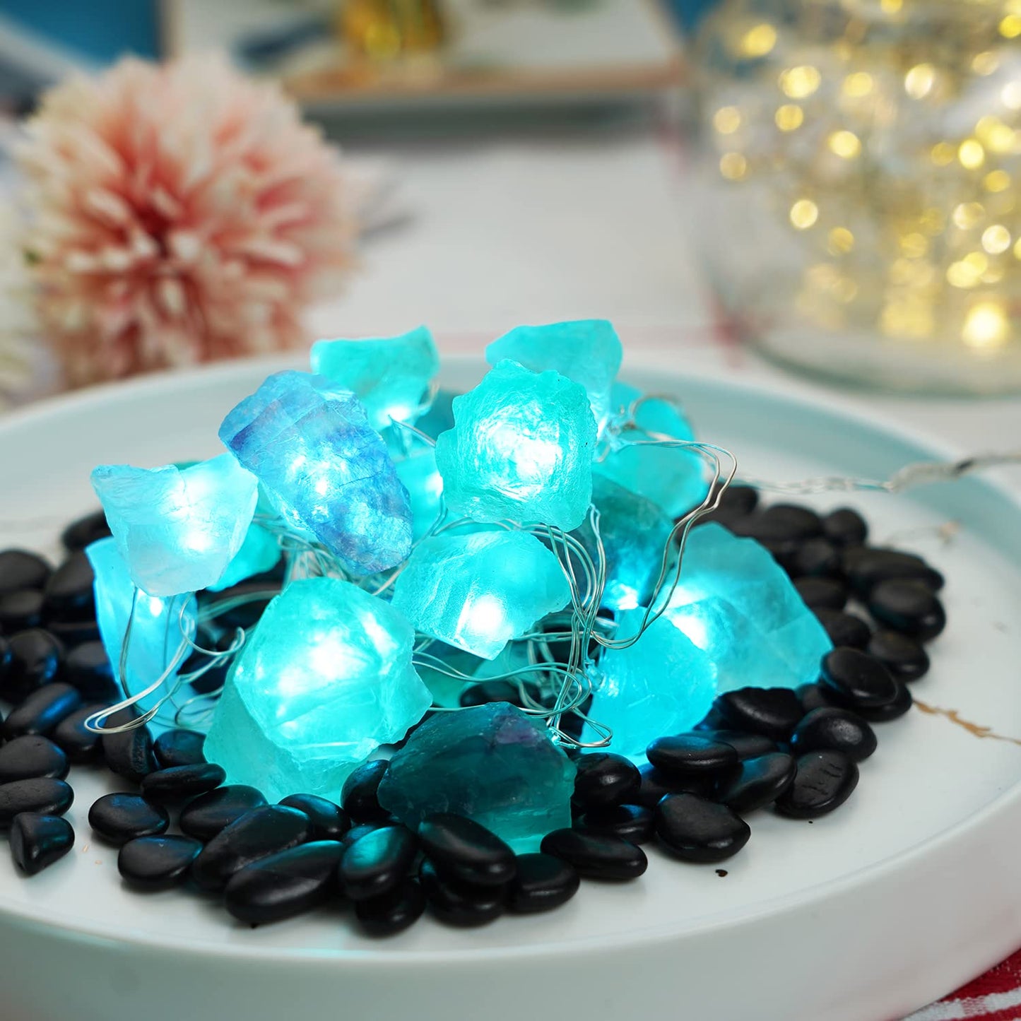 BOHON Natural Fluorite String Lights Battery Operated with Remote Sea Glass Raw Stones Decorative Lights 6.5ft 20 LEDs for Bedroom Party Indoor Christmas Wedding Decor