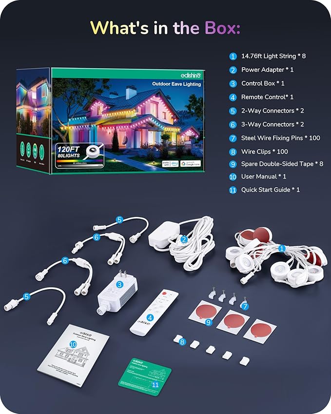 EDISHINE 120ft Permanent Outdoor Christmas Lights, 80 LED RGB+IC+Warm/Cool White Eave Light, App/Remote Control, IP67 Waterproof 50 Scene Modes for House and Daily Decor, Alexa Google Enable