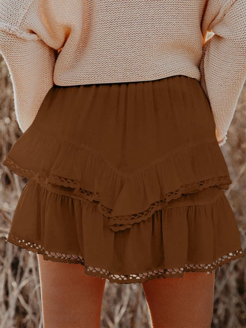 Aoudery Flowy Shorts for Women Casual Boho Ruffle Tiered Skorts High Waist Mini Skirts Golf Tennis Butterfly Crochet Shorts - Brown XL