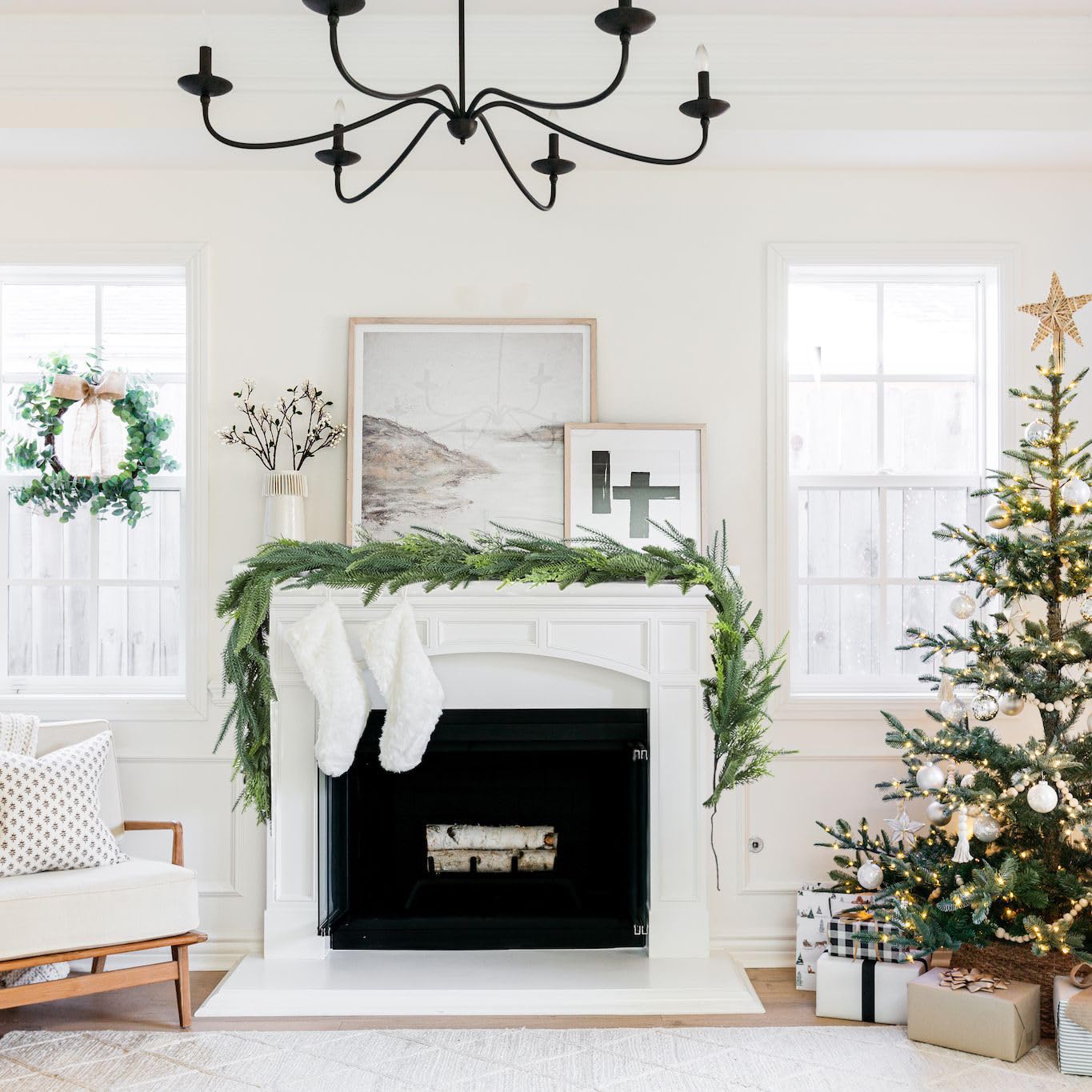 Artiflr Christmas Norfolk Pine and Cedar Garland for Holiday Mantel, Fireplace, Table Decor