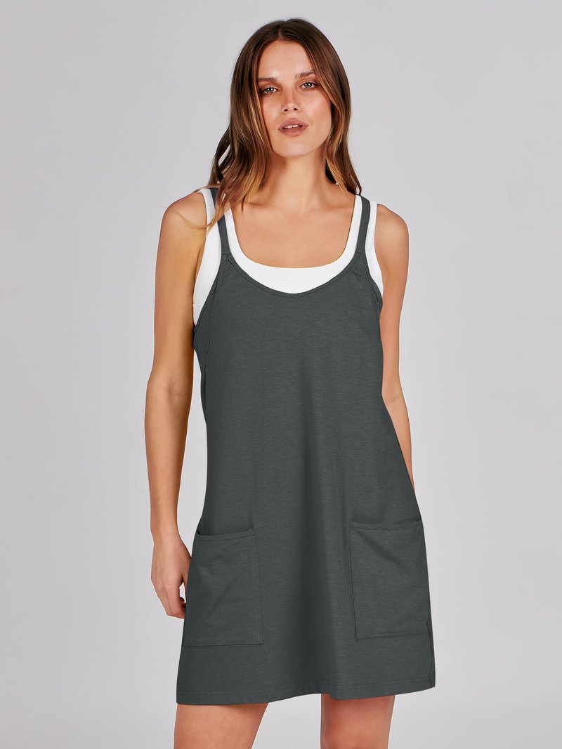 ANRABESS Women Athletic Dress Summer Tennis Workout Active Sports Mini Romper Dress Built in Shorts Travel Vacation Clothes Deep Gray Medium