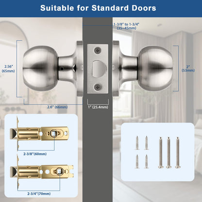Knobonly 2 Pack Privacy Door Knobs Satin Nickel, Keyless Door Knobs Interior for Bedroom and Bathroom, Round Door Handles Stainless Steel, Classic Design