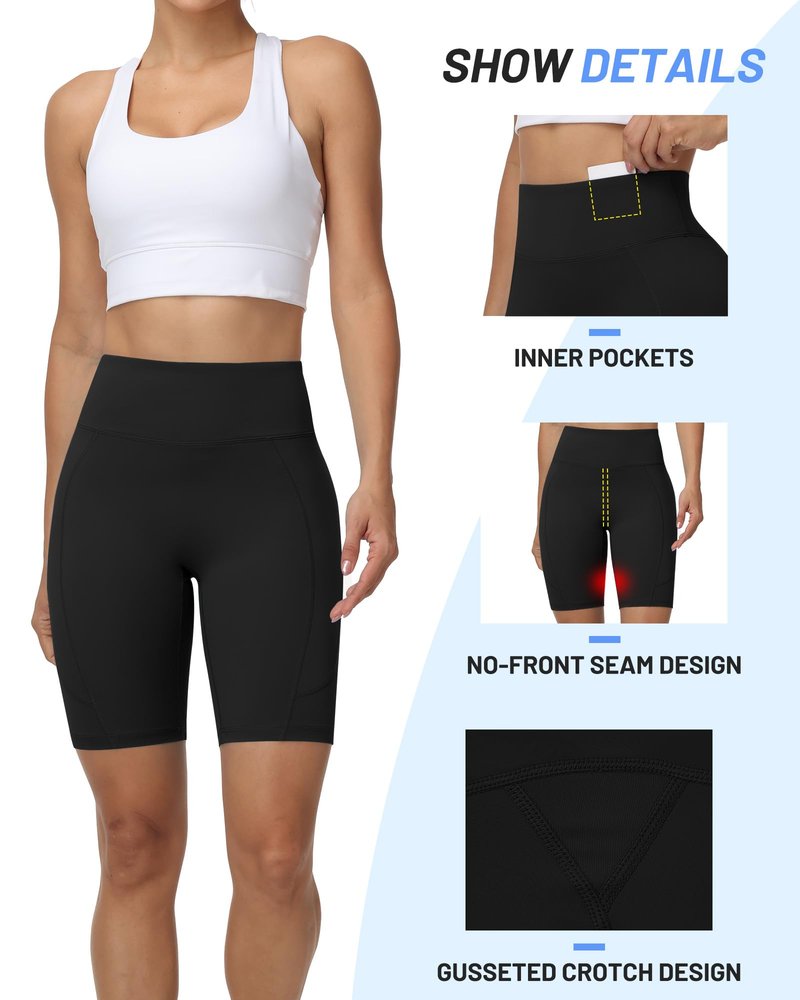 Moozava Womens 8" Gym Biker Shorts with PocketHigh Waisted Tummy Control Quick Dry Spandex Booty Shorts for Workout Athletic Yoga Running Black XS