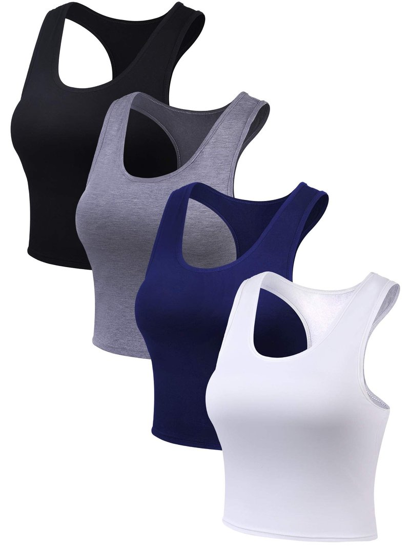 Boao 4 Pieces Basic Crop Tank Tops Sleeveless Racerback Crop Top for Women (Black, White, Dark Grey, Navy Blue, Medium)