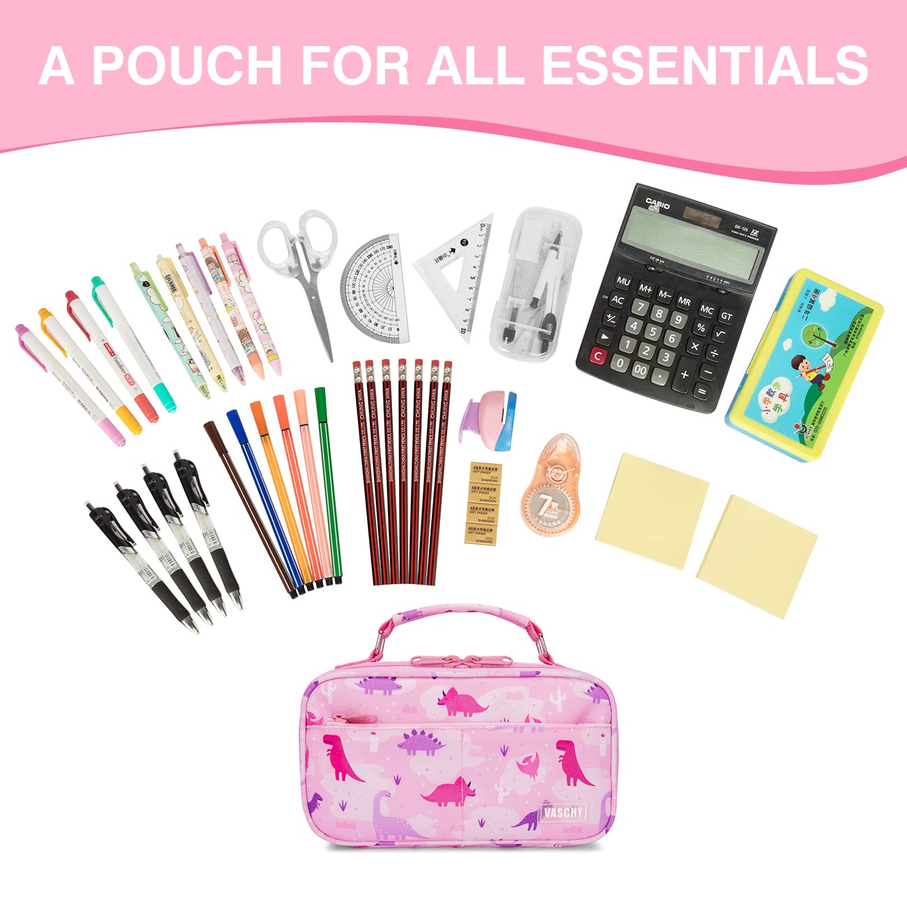 VASCHY Pencil Case for Girls, Aesthetic Kawaii Large Pencil Pouch Stationary Pencil Bag/Box for Preppy Kids, Pen Organizer Holder School Supply Pink Dinos