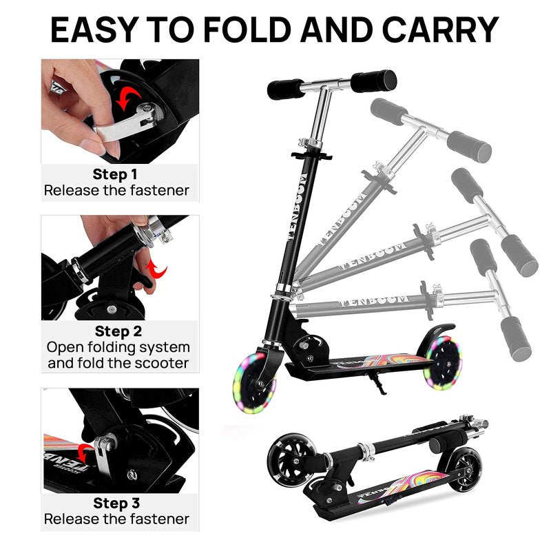 TENBOOM Scooter Toys for Kids Ages 6-12/3-5, Max Load 220 LBS, Foldable Lightweight Kick Scooter with Light Up Wheels, Kickstand, 3 Adjustable Levels, Rear Brake, Black