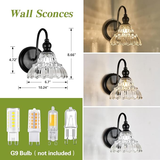 Modern Black Wall Sconce Mini Wall Light Made of Metal Body and Pressed Patterned Glass Retro Vanity Light for Bedroom, Bathroom, Doorway, Farmhouse