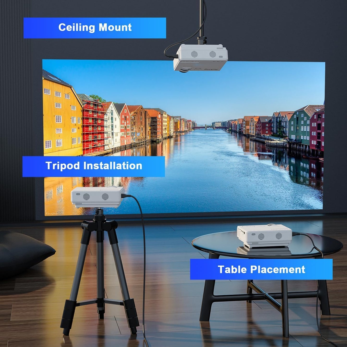 AuKing Projector, 2025 Upgraded Mini Projector, Full HD 1080P Home Theater Video Projector, Compatible with HDMI/USB/AV/Smartphone/TV Box/Laptop