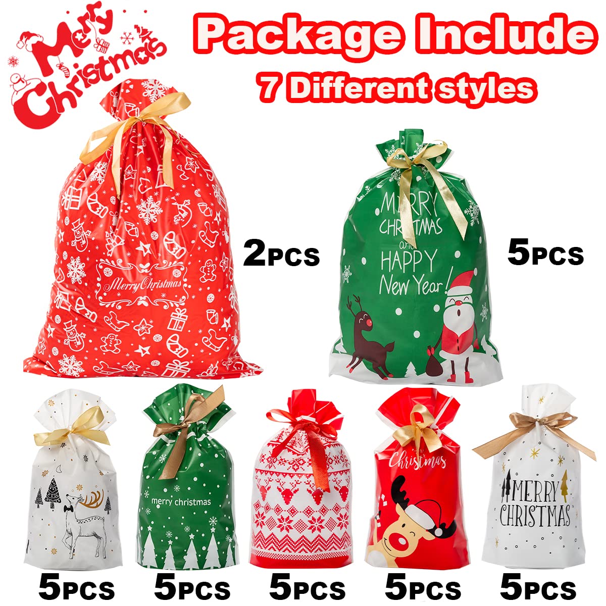 Happy Storm Christmas Drawstring Gift Bags 30PCS Assorted Styles Christmas Drawstring Wrapping Goody Sweet Treat Candy Bags for Xmas Birthday Party Supplies Favors