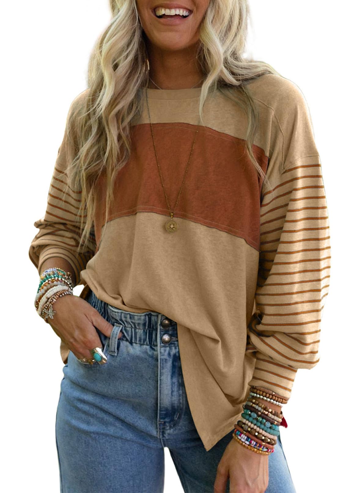 Dokotoo Long Sleeve Tops Oversized 2025 Trendy Round Crew Neck Casual Color Block Womens Shirts Blouses