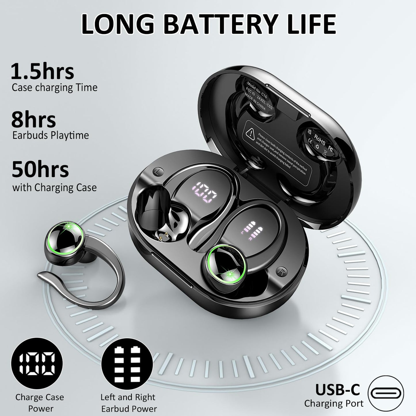 Wireless Earbuds Sports, Bluetooth 5.4 Headphones Hifi Stereo, 50H Playback Over-Ear buds with ENC Noise Cancelling Mic, Earphones with Earhooks, IP7 Waterproof Fitness Headset for Gym Running Workout