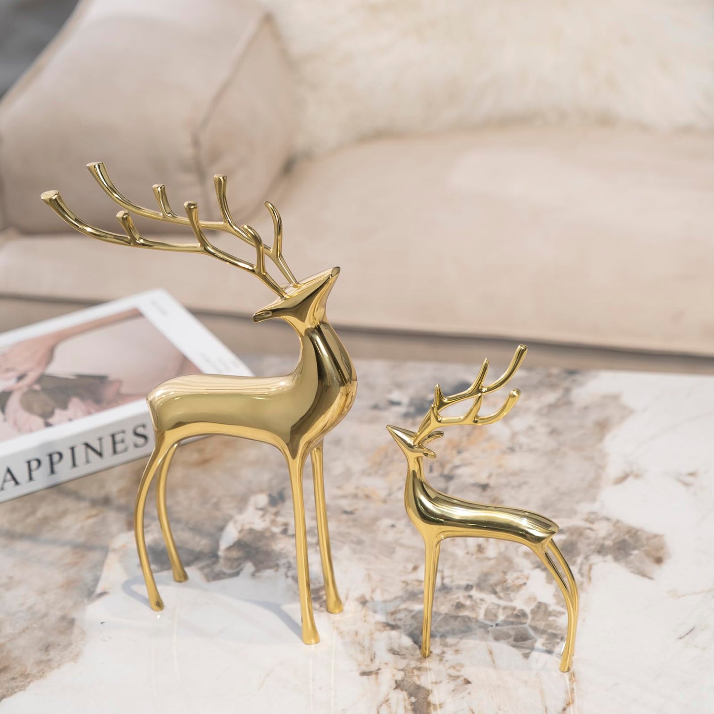 Reindeer Figurine Statues Deluxe Set of 2, Christmas Deer Pure Copper Heavy Reindeer Ornaments for Home Decor Accents Living Room Office Bookself Tabletop Mantle Christmas Decoration, Gold