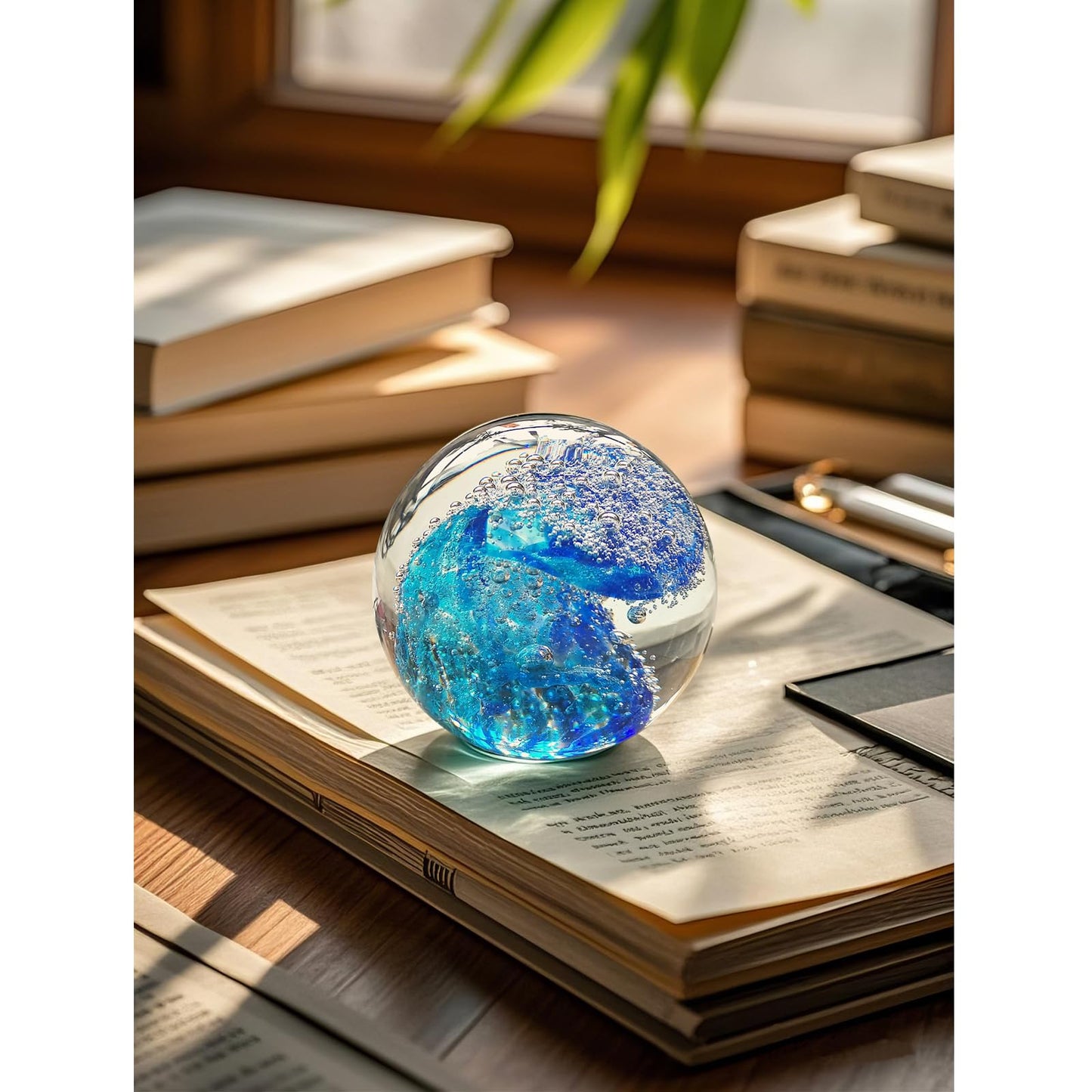 JUYOULE Hand Blown Glass Decorative Balls：Unique Ocean Wave Design, Elegant Paperweights for Office Desk, Coastal Room Decor, Beach Bathroom Decor, Sea Glass Art, Ocean Gift Idea （Blue）