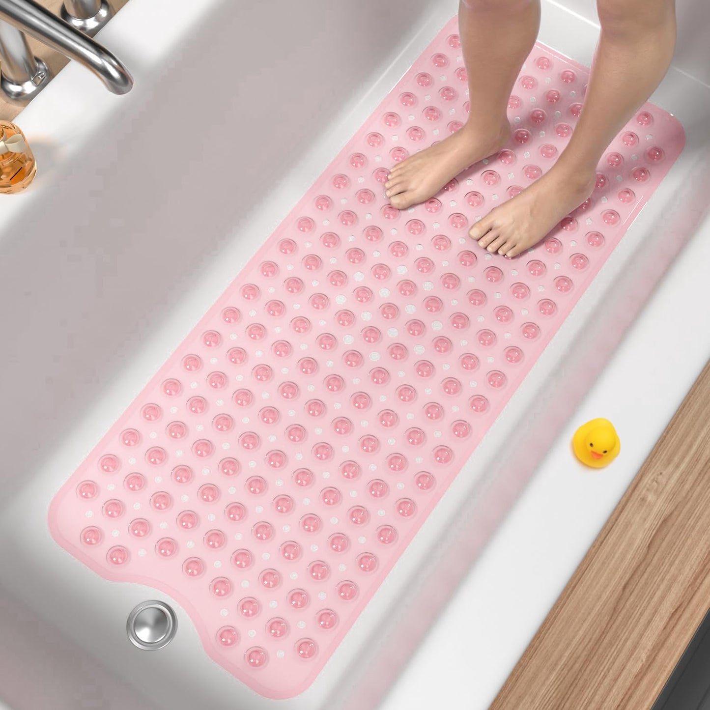 HITSLAM Bath Mat for Tub, Non Slip Bathtub Mat, 40 x 16 Inch Extra Long Bath Tub Mat, Machine Washable Bathroom Shower Mat with Suction Cups and Drain Holes, Soft on Feet, Clear Pink