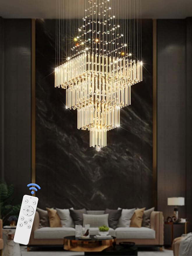 Flashing God D32''X H110'' Extra Large Chandeliers for High Ceilings Square Crystal Raindrop Gold Chandeliers Large Villa Chandelier Entrance Foyer Ceiling Light LED Dimmable 2700K-6000K