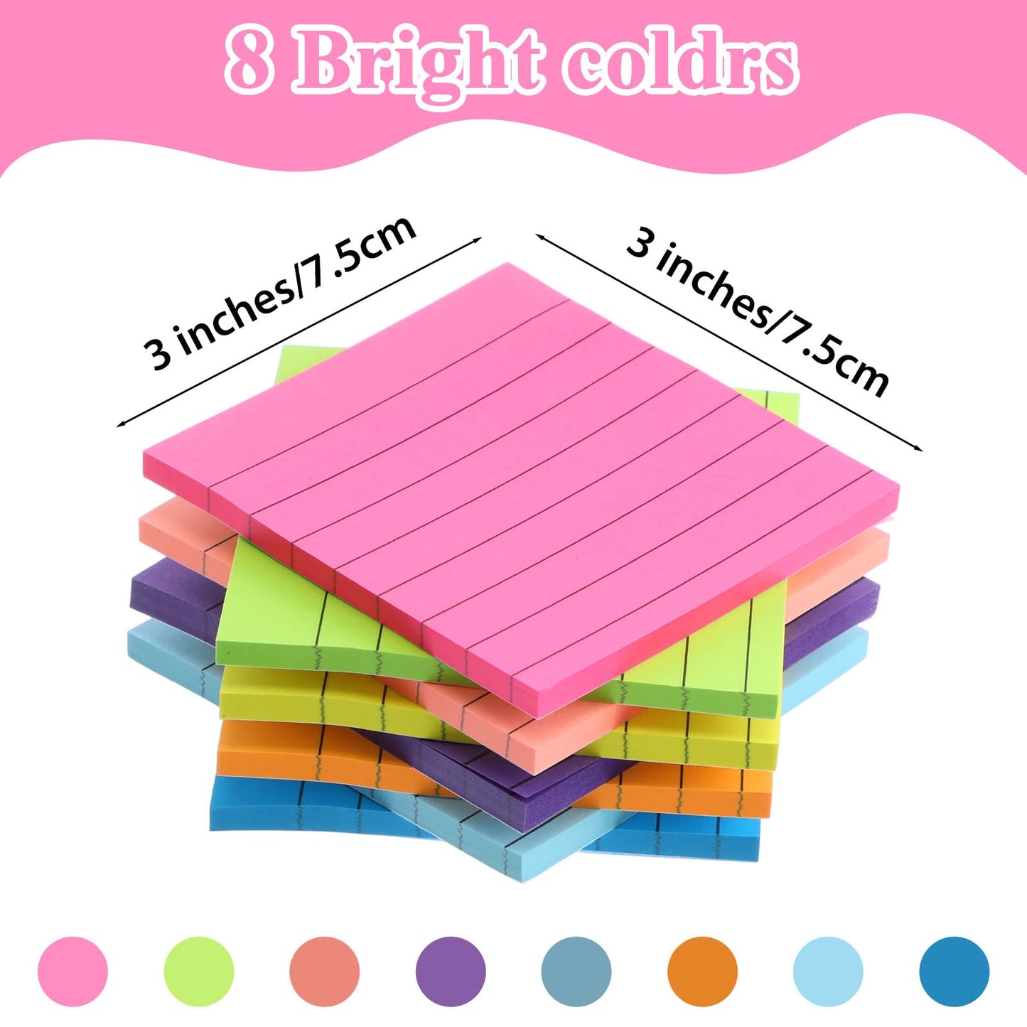 72 Pack Lined Sticky Notes 3x3 in Bright Ruled Post Stickies Colorful Super Sticking Ruled Stickies Multi Colors Sticky Notes with Lines Self-Stick Note Pads Bright Colors for School Office Meeting