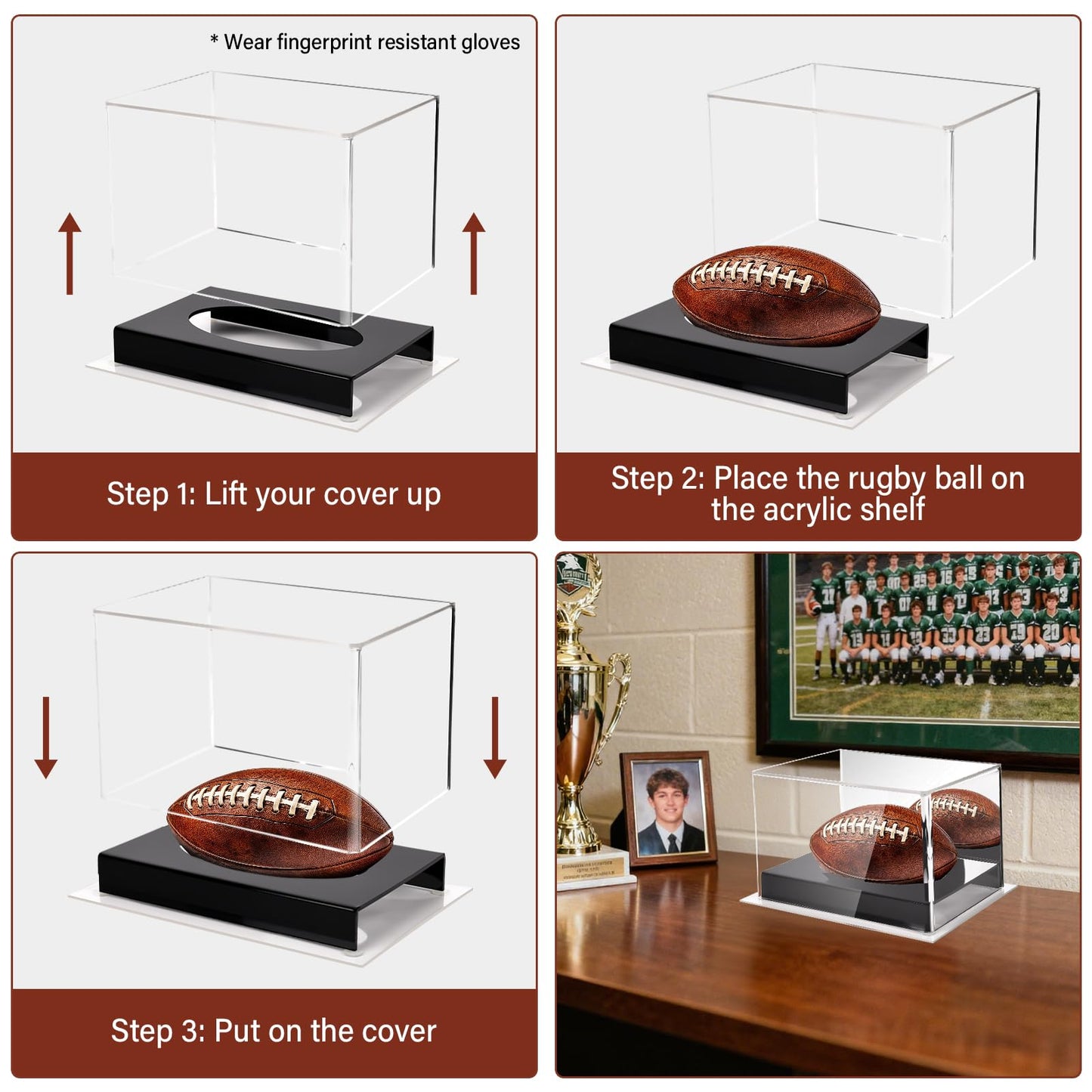 AZM Displays Mini Football Display Case – Clear Acrylic Box with Black Base & Mirror Back | No Assembly Required | Protective Showcase for Autographed & Collectible Mini Footballs
