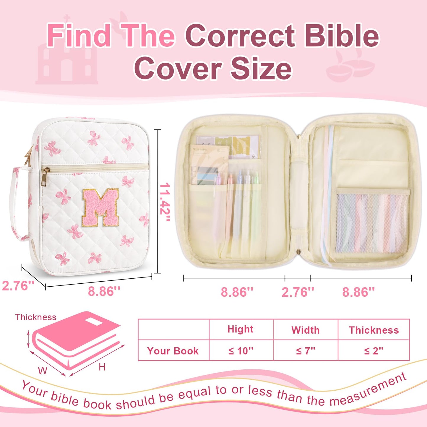 Personalized Initial Bible Cover Case for Women Girls Kid - Large Quilted Bible Case with Handle, Stylish Chenille Letter Bag Study Supplies, Perfect Christmas Gifts for Christians Women (Pink Bow-M)