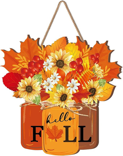 Newcotte Thanksgiving Wooden Sign Fall Decoration for Home Hello Fall Door Sign Farmhouse Maple Leaves Wall Hanging Decoration Door Hanger Wreath for Thanksgiving Autumn Porch Outdoor Home Decor