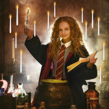 Flameless Floating Candles with Wand，12 Pcs Magic LED Hanging Taper Candles，Flickering Battery Operated Taper Candle with Wand Remote for Halloween Decorations Best Gift（White）